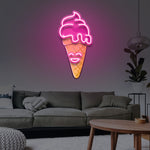 Happy Ice Cream LED neon sign featuring a cheerful ice cream cone, perfect for vibrant wall decor in homes or offices.