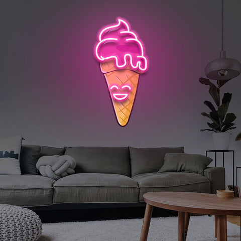 Happy Ice Cream LED neon sign featuring a cheerful ice cream cone, perfect for vibrant wall decor in homes or offices.