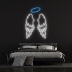 Illuminated Angel Wings Neon Wall Sign – Stylish and sustainable LED decor with a clear acrylic backboard for modern home or office interiors.