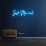 Just Married LED neon sign in light blue – perfect for weddings or events, adding a whimsical and romantic touch to your special day.