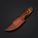 Leather sheath for Damascus hunting knife with micarta rosewood handle, perfect for secure storage.