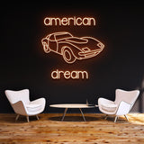 LED Neon Sign – 'American Dream Car' vintage automotive wall decor for garages, man caves, or businesses with a classic Americana vibe.