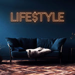 Stylish 'LIFESTYLE' LED neon sign, perfect for adding ambiance to home and office spaces.