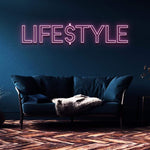 Customizable 'LIFESTYLE' LED neon sign, chic and versatile wall decor for home and office.