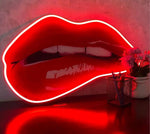 Seductive lip bite UV printed neon artwork, energy-efficient LED glow for passionate decor.