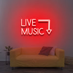 Live Music neon sign for music venues, glowing brightly to enhance the stage atmosphere and excitement.