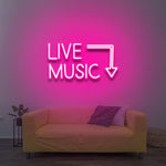 Live Music LED neon sign for studios and music venues, creating a lively and energizing atmosphere.