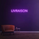 Livraison purple LED neon sign, modern delivery sign for businesses, stylish decor for restaurants and cafes