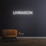 Livraison white LED neon sign, modern open sign for businesses, elegant decor for shops and restaurants