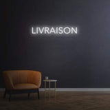 Livraison white LED neon sign, modern open sign for businesses, elegant decor for shops and restaurants
