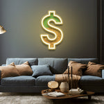 Luxury dollar sign LED neon sign mounted on a wall above a modern sofa, perfect for upscale home or office decor.