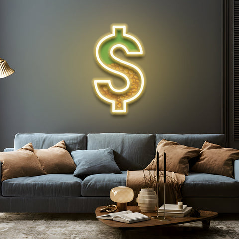 Luxury dollar sign LED neon sign mounted on a wall above a modern sofa, perfect for upscale home or office decor.