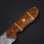 Close-up of the micarta and rosewood handle of the Damascus Hunter Fixed Blade Knife showcasing intricate details and craftsmanship.