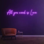 Modern Romantic Neon Sign – 'All You Need is Love' LED light decor for home or events, bringing a whimsical and loving vibe to any space.
