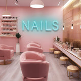 Bright light blue Nails LED Neon Sign, perfect for modern salon lighting.