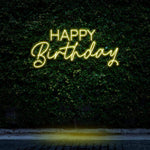 Happy Birthday neon sign, illuminating parties and events with festive lighting.
