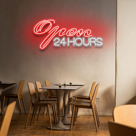 Open 24 Hours LED Neon Sign, bright and energy-efficient, perfect for businesses to advertise round-the-clock service.