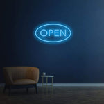 Open blue LED neon sign, modern open sign for businesses, bright and vibrant wall decor for shops and cafes