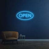 Open blue LED neon sign, modern open sign for businesses, bright and vibrant wall decor for shops and cafes