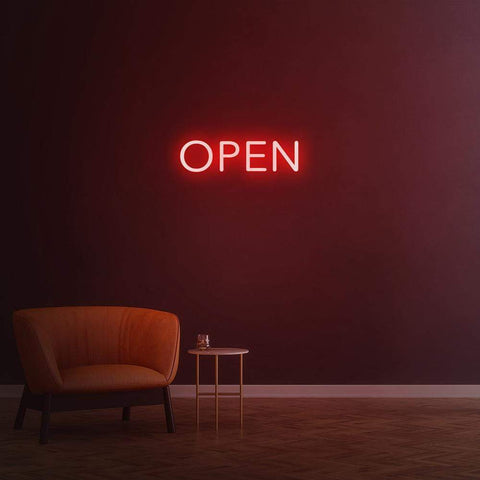 Open LED Neon Sign for storefront and business décor, bright and welcoming to attract customers.