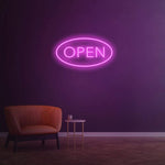 Open purple LED neon sign, stylish open sign for businesses, vibrant wall decor for shops and cafes