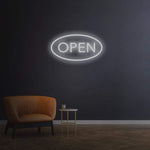Open white LED neon sign, modern open sign for businesses, clean and minimalistic decor for shops and cafes