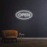 Open white LED neon sign, modern open sign for businesses, clean and minimalistic decor for shops and cafes