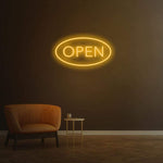 Open yellow LED neon sign, vibrant open sign for businesses, eye-catching decor for shops and restaurants