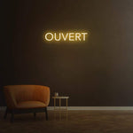 ustomizable 'Ouvert' LED neon sign for businesses, available in various sizes and colors to match decor.