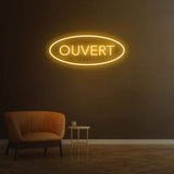 Ouvert white LED neon sign, elegant open sign for businesses, modern and minimalistic decor