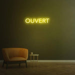 Ouvert' LED neon sign for businesses, energy-efficient, available in custom sizes and colors for branding.