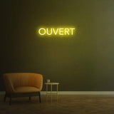 Ouvert' LED neon sign for businesses, energy-efficient, available in custom sizes and colors for branding.