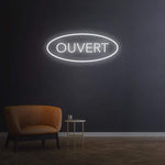 Ouvert white LED neon sign, elegant open sign for businesses, modern and minimalistic decor.