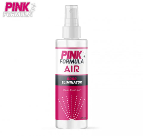 "Pink Formula Air Odor Eliminator 4oz spray bottle, bio-friendly solution for neutralizing odors from smoke, sweat, and fabrics, ideal for freshening spaces.