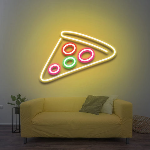 Pizza Slice LED Neon Sign with a fun design, available in 3 sizes, energy-efficient and durable, perfect for pizza lovers and party decor.