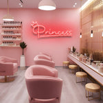 Princess LED Neon Sign in pink, available in 3 sizes with custom colors, perfect for adding elegance and glamour to bedrooms or living areas.