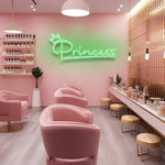 Princess LED Neon Sign in vibrant purple, ideal for bedroom decor or creating a regal ambiance in any room.