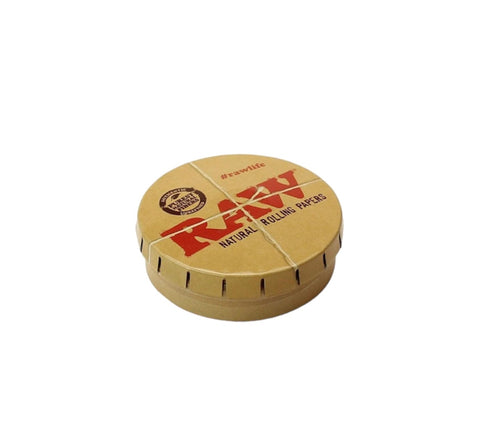 "RAW Metal Round Tin small carrying case, durable storage with grip lid for easy transport of essentials.