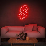 Red neon dollar sign wall decor for contemporary living spaces