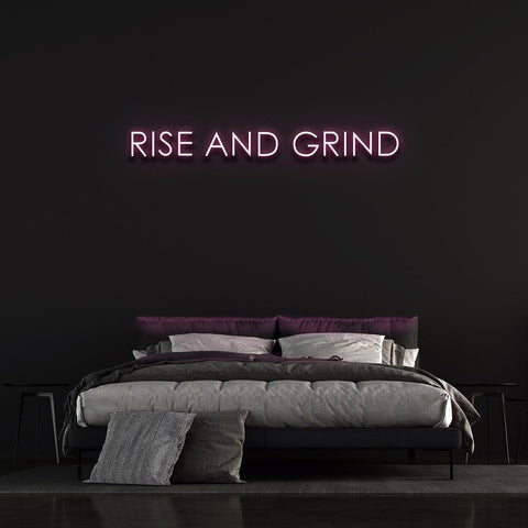 Rise & Grind Neon Sign – Eco-friendly LED neon strip wall decor designed for home or office, offering 10+ years of durability with a powerful power bank for longevity.

