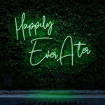 Happily Ever After LED neon sign, perfect for home décor or weddings, creating a romantic ambiance.