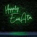Happily Ever After LED neon sign, perfect for home décor or weddings, creating a romantic ambiance.