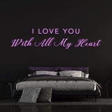 Romantic I Love You with All My Heart Neon Sign with vibrant LED lights, ideal for expressing love in trendy home decor.