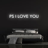 Beautiful ‘P.S. I Love You’ LED neon sign for home décor, creating a romantic ambiance with customizable colors and styles.
