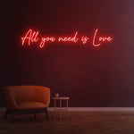 Romantic Wedding Neon Sign – 'All You Need is Love' LED wall decor for event backdrops, home interiors, or anniversary celebrations.