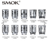 SMOK TFV12 Prince Replacement Coils 3CT/PK featuring M4, Q4, and T10 quadruple coils. Available in multiple resistances (0.17Ω-0.12Ω), rated for 30-120W, providing rich vapor, silky taste, and massive clouds.