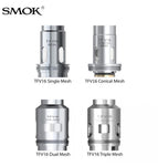 SMOK TFV16 Replacement Coils 3CT/PK, including 0.170Ω single mesh, 0.120Ω dual mesh, 0.150Ω triple mesh, and 0.20Ω conical mesh coils. Offering cloud production and rich flavor, rated for 60-120W, with easy plug-and-play installation.






