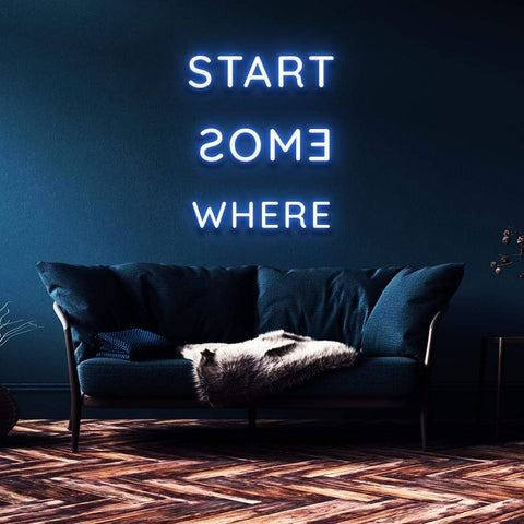 Start Somewhere" LED neon sign for home or office, energy-efficient, easy to install with clear acrylic backing, motivational design.


