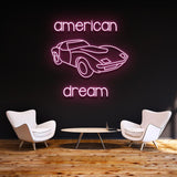 Vintage Car Neon Sign – 'American Dream Car' LED wall decor for garage, man cave, or auto-themed spaces, energy-efficient and stylish.