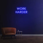 Work Harder blue neon sign on a dark wall, perfect for gym or home decor, motivational LED neon sign for productivity.